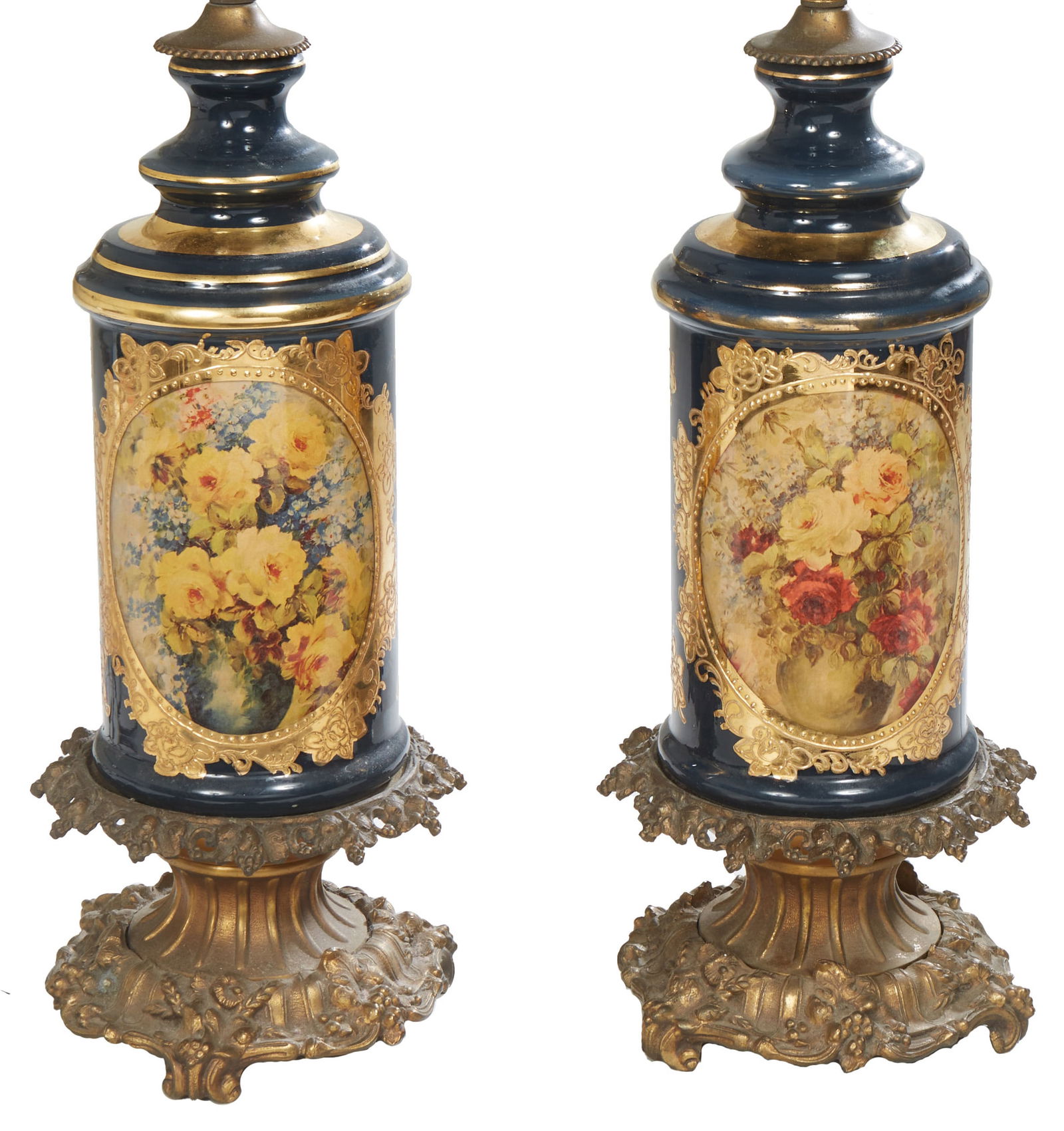 Pair of Bronze and Cobalt Blue Porcelain Table Lamps, early 20th c., H.- 18 in., Dia.- 7 1/4 in. (2 (1 of 2)
