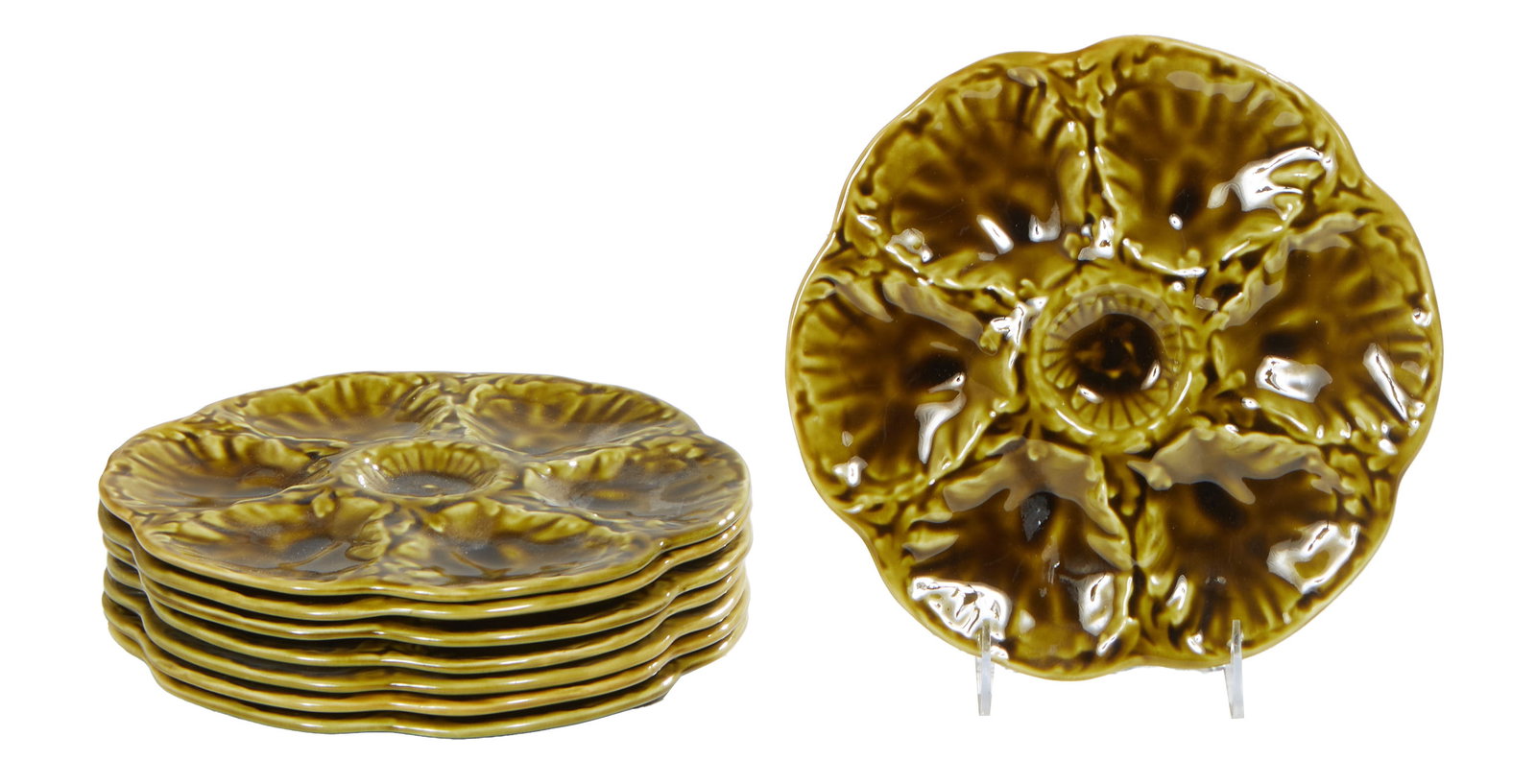 Set of Eight French Faience Oyster Plates, late 19th c., H.- 1/2 in., Dia.- 9 5/8 in. (8 Pcs.) (1 of 2)