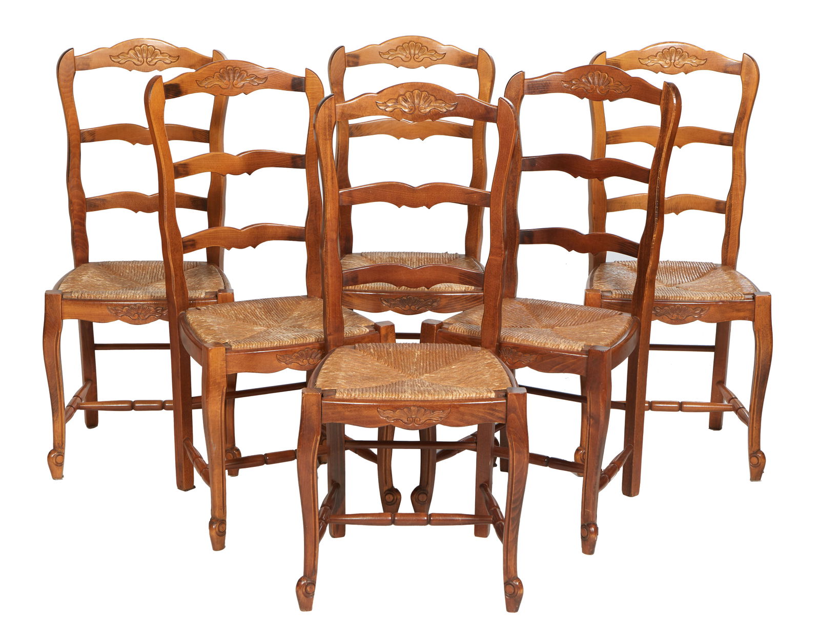 Set of Six French Provincial Carved Beech Rushseat Dining Chairs, 20th c., H.- 39 1/4 in., W.- 17 (1 of 1)
