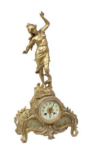 French Art Nouveau Patinated Spelter and Green Onyx Figural Mantel Clock, c.1900, H.- 20 1/2 in.,: French Art Nouveau Patinated Spelter and Green Onyx Figural Mantel Clock, c.1900, the clock centered by cast scrolling acanthus leaves around onyx and foliate mounts with loop feet, surmounted by a da