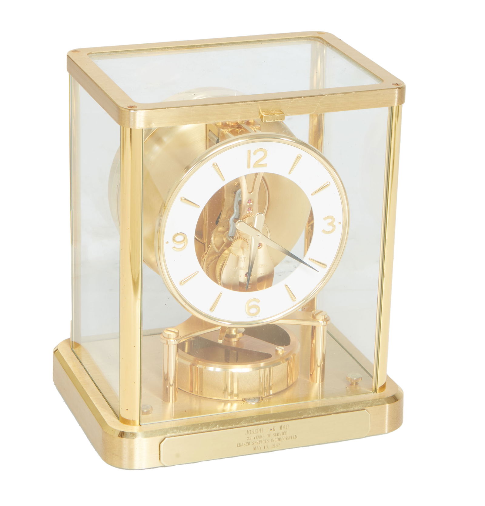 Jaeger LeCoultre Atmos Brass and Glass Mantle Clock, post 1980, H.- 8 7/8 in., W.- 7 3/4 in., D.- 6 (1 of 4)