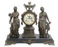 American Ansonia Spelter and Iron Open Escapement Figural Mantle Clock, c. 1880, H.- 20 in., W.- 22