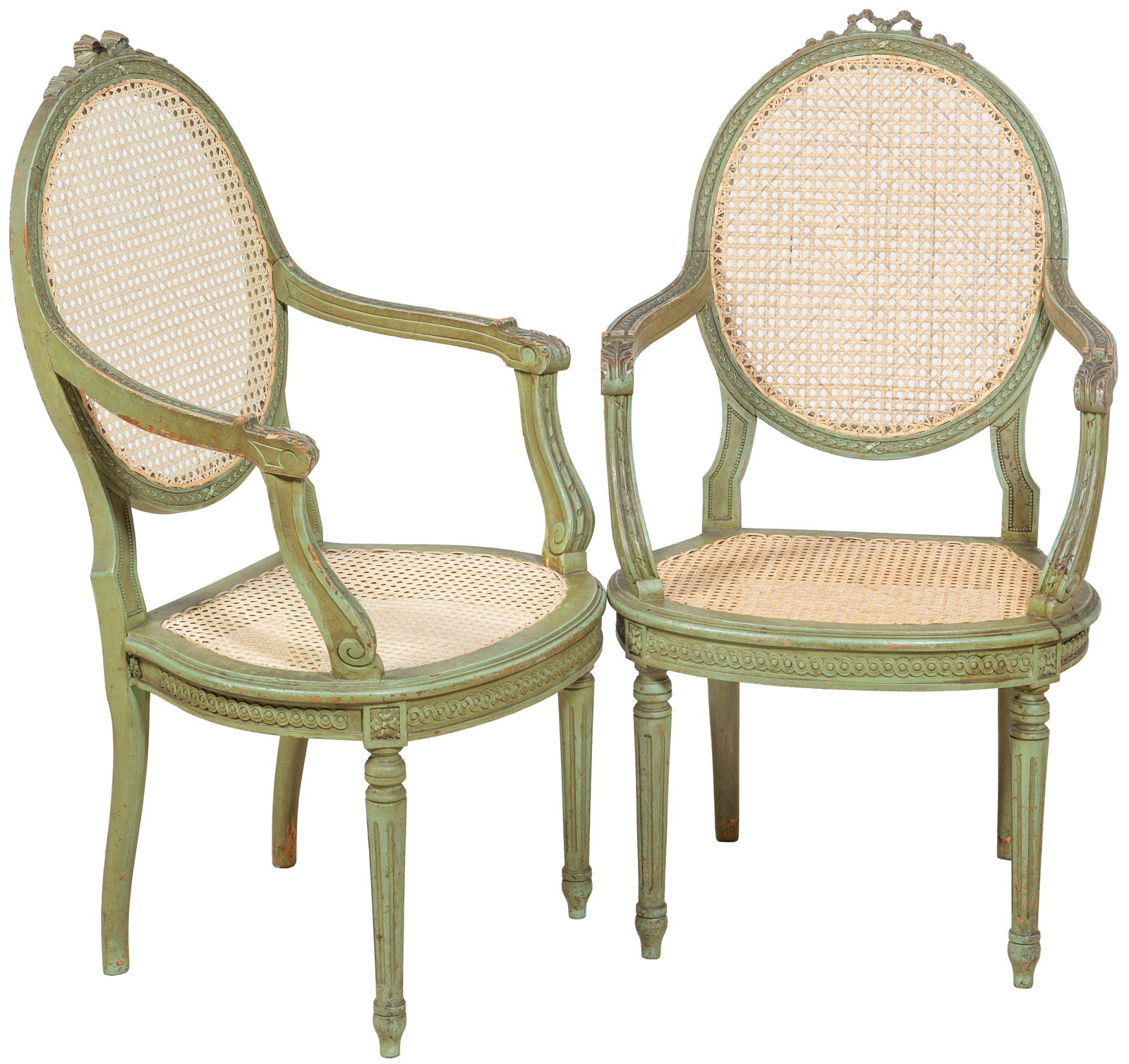 Pair of Polychromed Louis XVI Style Beech Fauteuils, 20th c., H.- 39 1/2 in., W.- 22 in., D.- 22 in. (1 of 1)