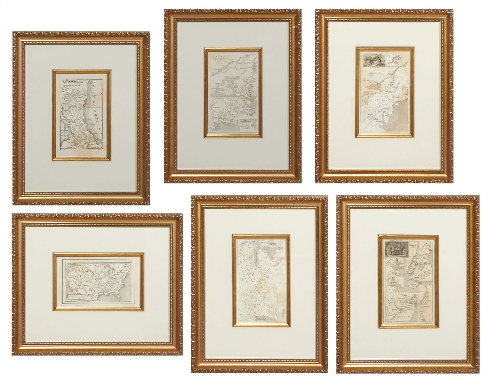 Six Antique Maps of America Engravings, 19th c., H.- 7 1/4 in., W.- 4 1/2 in., Framed- H.- 15 in., (1 of 20)