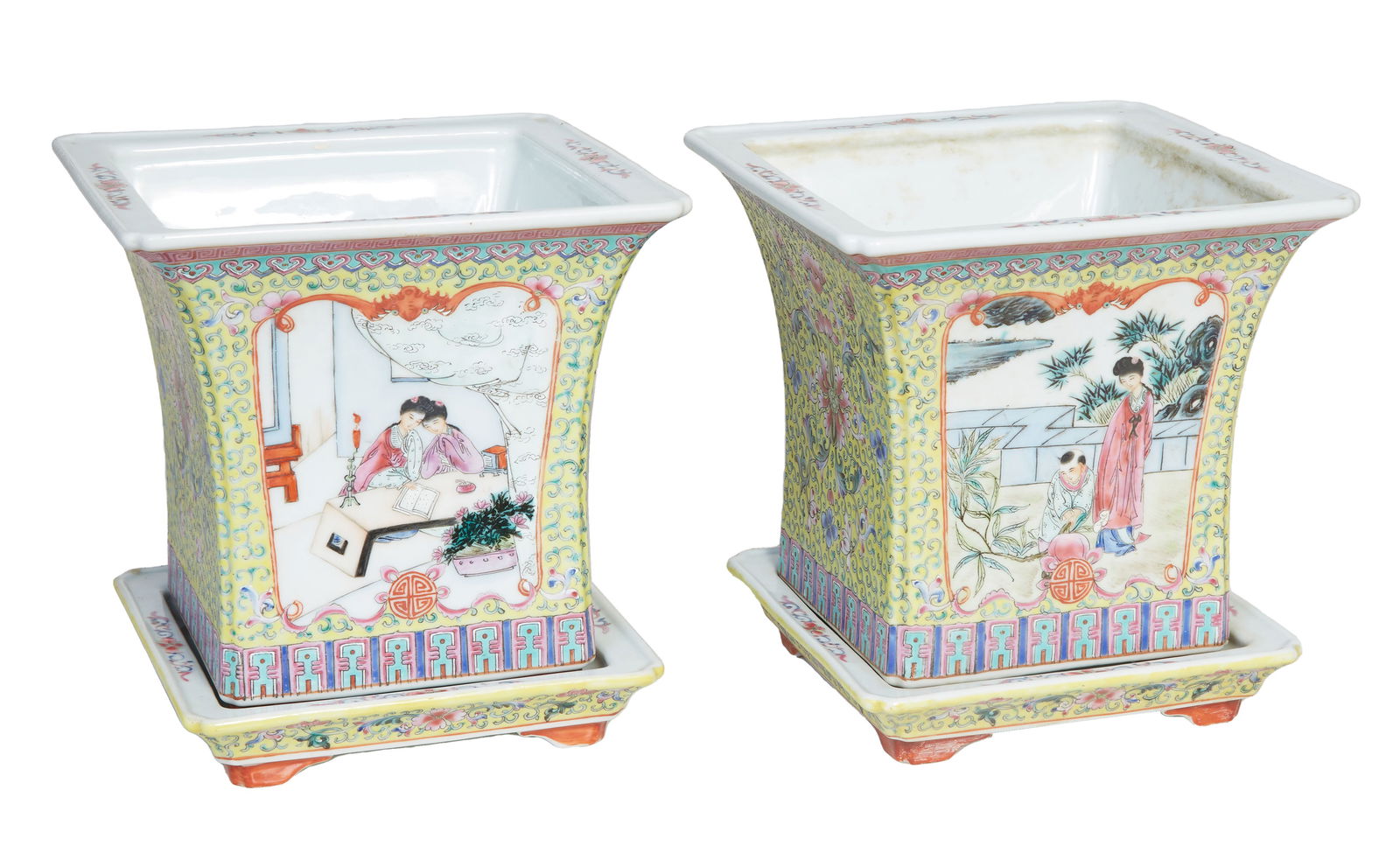Pair of Chinese Porcelain Planters, 20th c., H.- 7 3/4 in., W.- 8 1/4 in., D.- 8 1/4 in.; Saucers- (1 of 5)