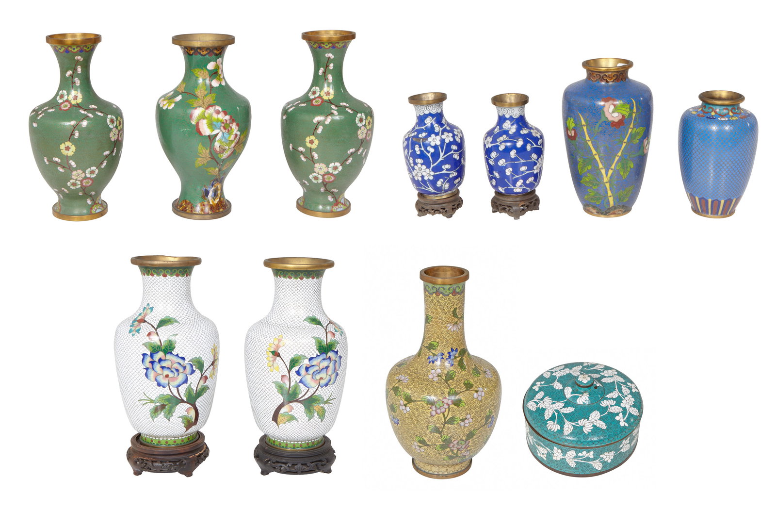 Group of Eleven Pieces of Cloisonne, 20th c., Yellow- H.- 9 1/4 in., Dia.- 4 3/4 in. (11 Pcs.) (1 of 7)