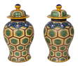 Pair of Chinese Green and Ocher Glazed Covered Earthenware Jars, c. 1900, H.- 16 in., Dia.- 8 1/2