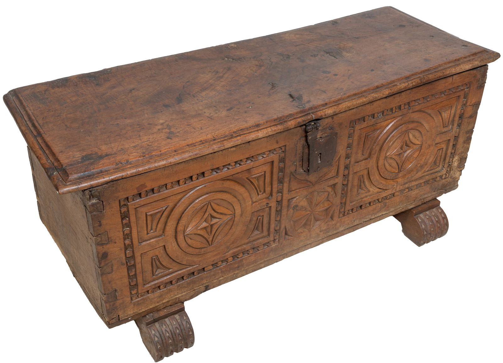 Spanish Carved Walnut Coffer, 19th c., H.- 23 3/8 in., W.- 50 in., D.- 20 in. (1 of 2)
