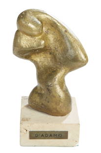 David Adamo (American/Berlin, b. 1979), Abstract Bronze Figure, 20th c., H.- 6 1/2 in., W.- 3 1/2: David Adamo (American/Berlin, b. 1979), Abstract Bronze Figure, 20th c., presented on a white Marble Plinth, with a brass nameplate, H.- 6 1/2 in., W.- 3 1/2 in., D.- 2 3/4 in.