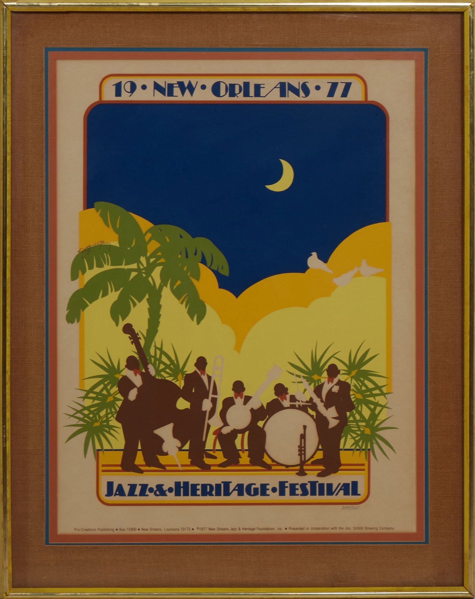New Orleans Jazz and Heritage Festival Poster, 1977, H.- 29 3/8 in., W.- 14 7/8 in., Framed- H.- 33: New Orleans Jazz and Heritage Festival Poster, 1977, designed by Kathleen Joffrion, signed in plate mid-left edge, numbered "3248/5000" in lower right margin, frame backing with publishing information