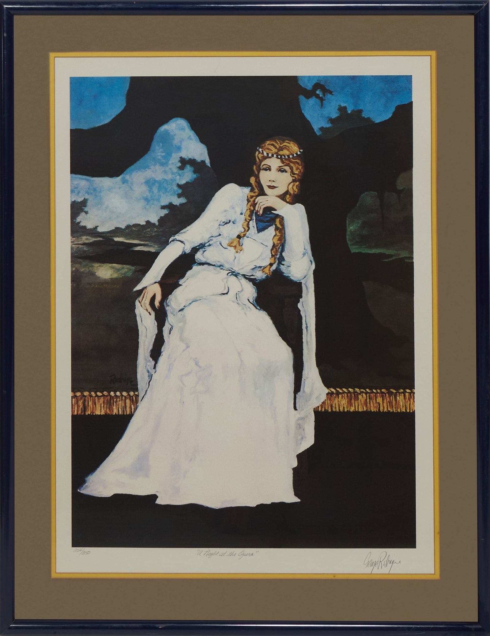 George Rodrigue (American/Louisiana, 1944-2013), "A Night at the Opera," H.- 33 1/2 in., W.- 25 /12: George Rodrigue (American/Louisiana, 1944-2013), "A Night at the Opera," color lithograph, pencil- signed, titled, and numbered "254/350" lower margin, presented in a blue wood frame with plexiglass,