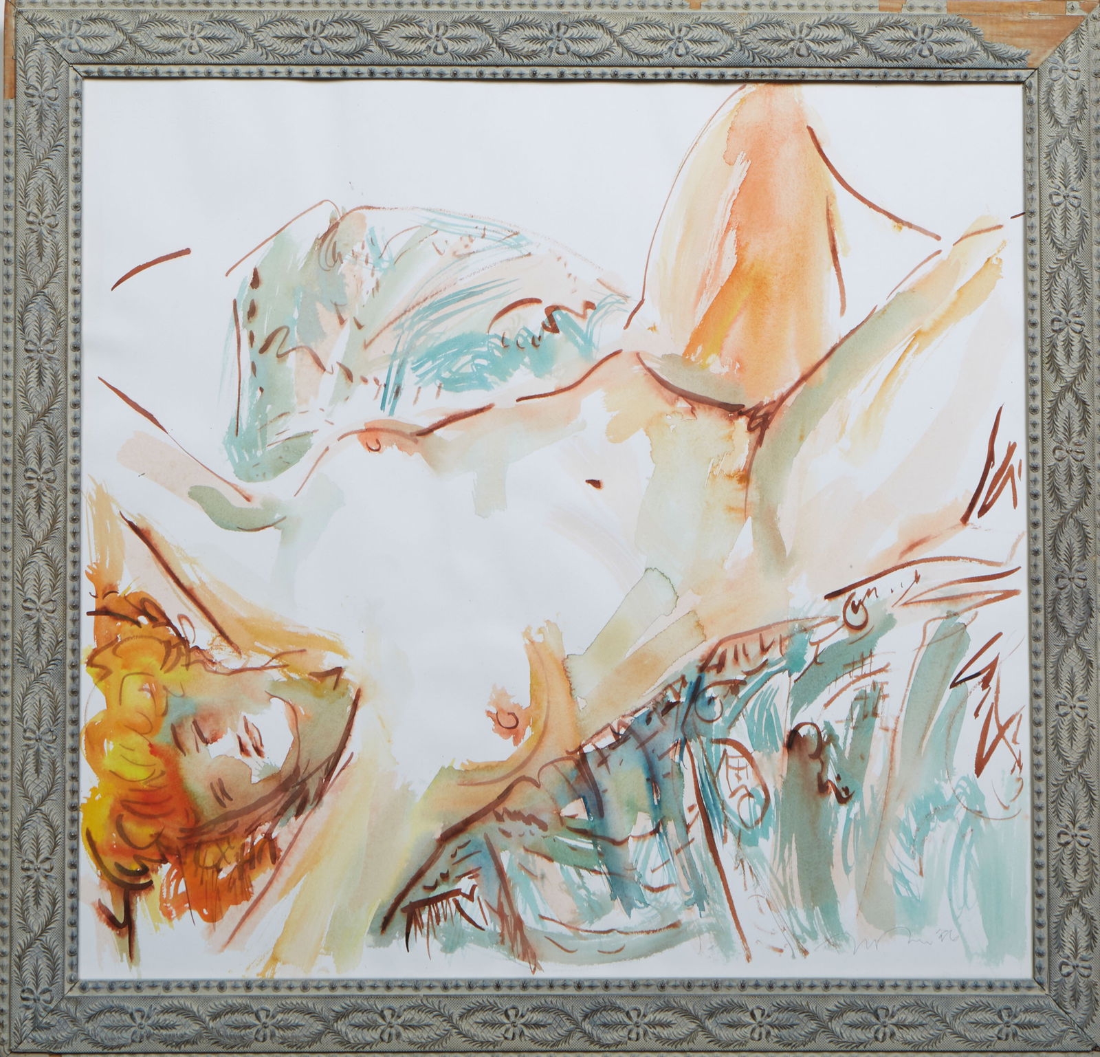 Tim Trapolin (American/Louisiana, b. 1945), "Reclining Nude," 1996, H.- 30 in., W.- 27 3/4 in.,: Tim Trapolin (American/Louisiana, b. 1945), "Reclining Nude," 1996, watercolor on paper, signed and dated on the left side, presented in a gray wood frame, H.- 30 in., W.- 27 3/4 in., Framed- H.- 35 1