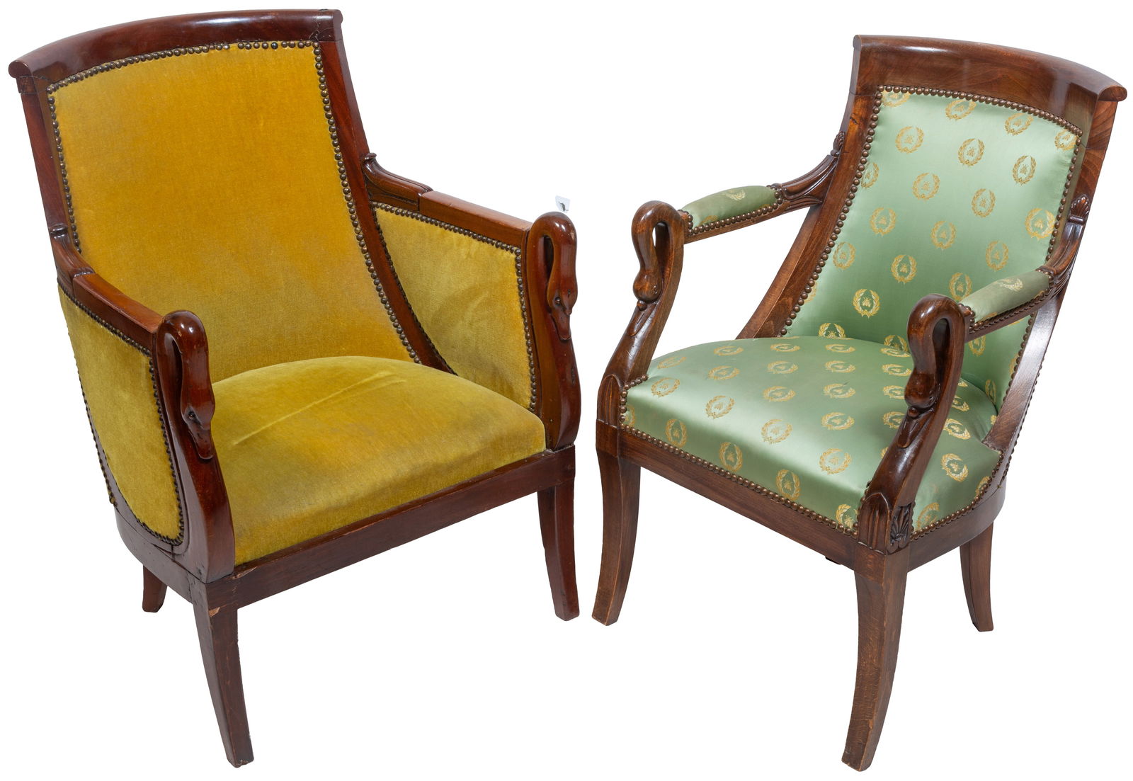 Pair of French Empire Style Carved Walnut Arm Chairs, 20th c., Gold- H.- 33 1/2 in., W.- 21 3/4 in., (1 of 3)