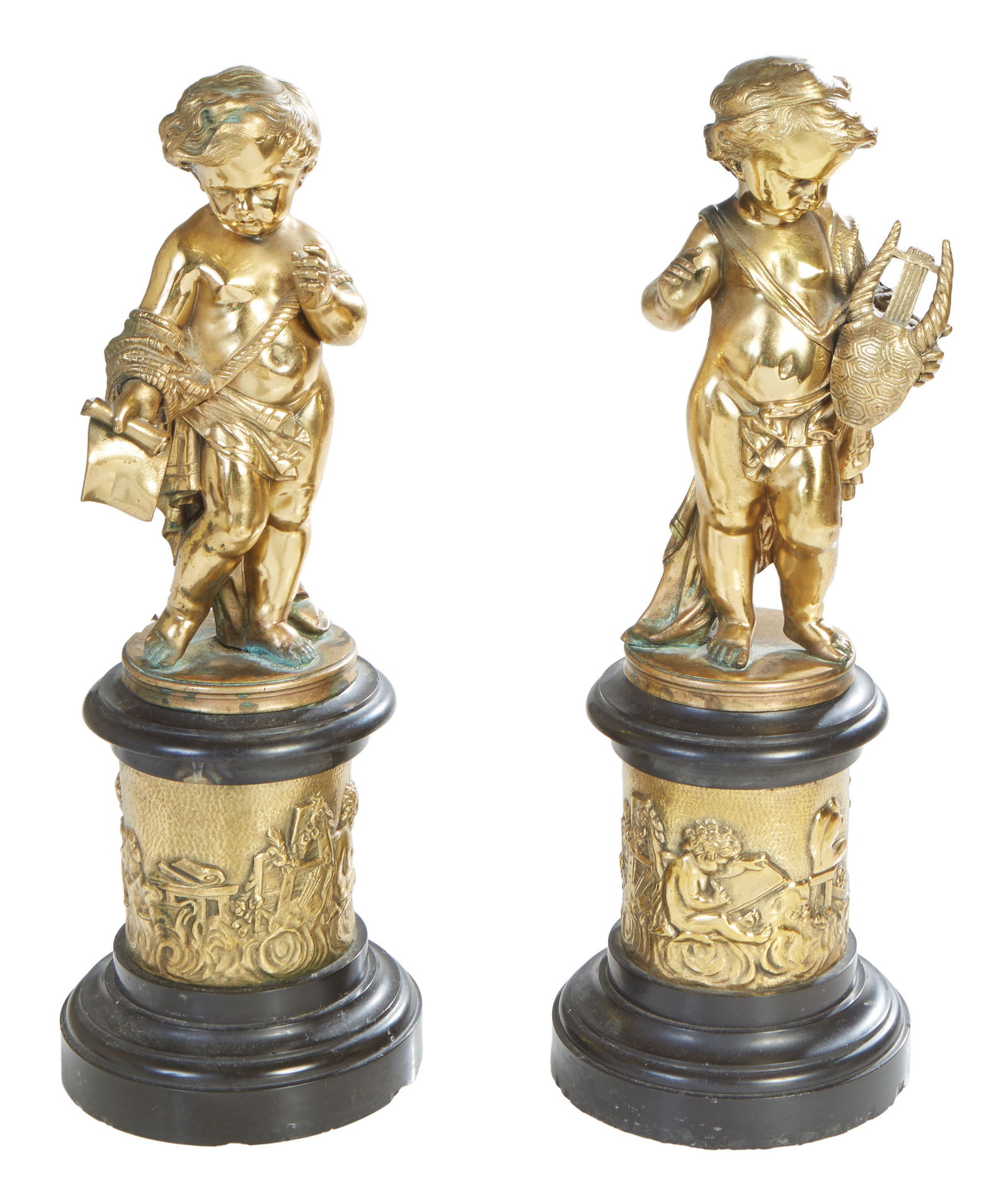 Pair of Gilt Bronze Putti Figures, 19th c., H.- 14 1/2 in., Dia.- 5 in. (2 Pcs.) (1 of 3)