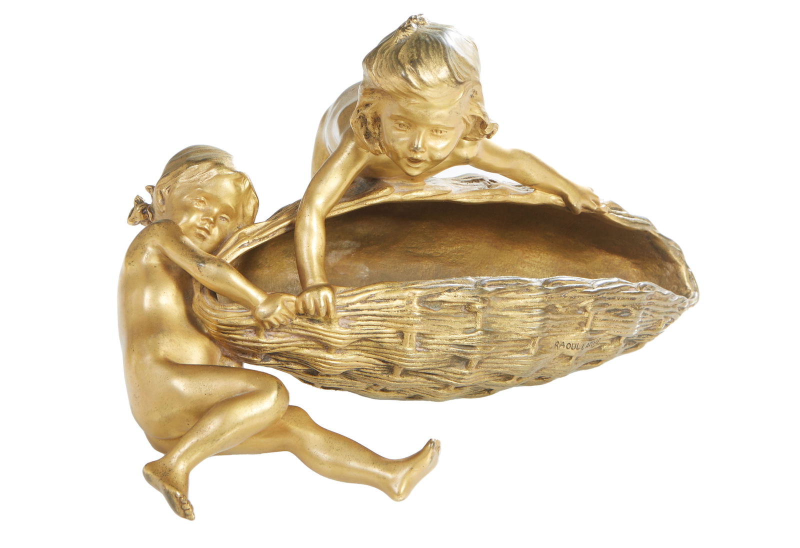 Francois-Raoul Larche (French, 1860-1912), Gilt Bronze Figural Centerpiece Basket, 19th c., H.- 6 (1 of 5)