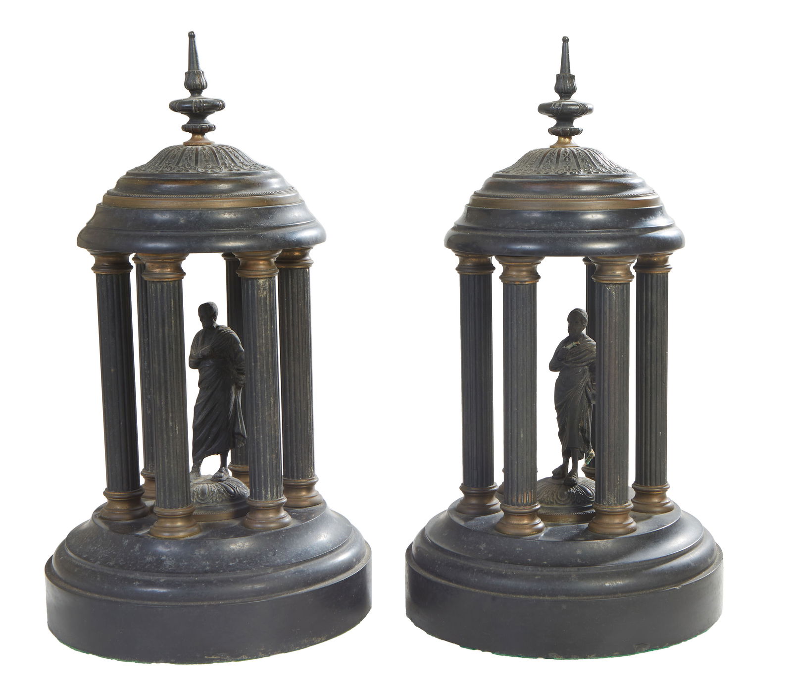 Pair of Italian Grand Tour Marble and Bronze Temple Form Garnitures, 19th c., H.- 12 3/4 in., Dia.- (1 of 1)