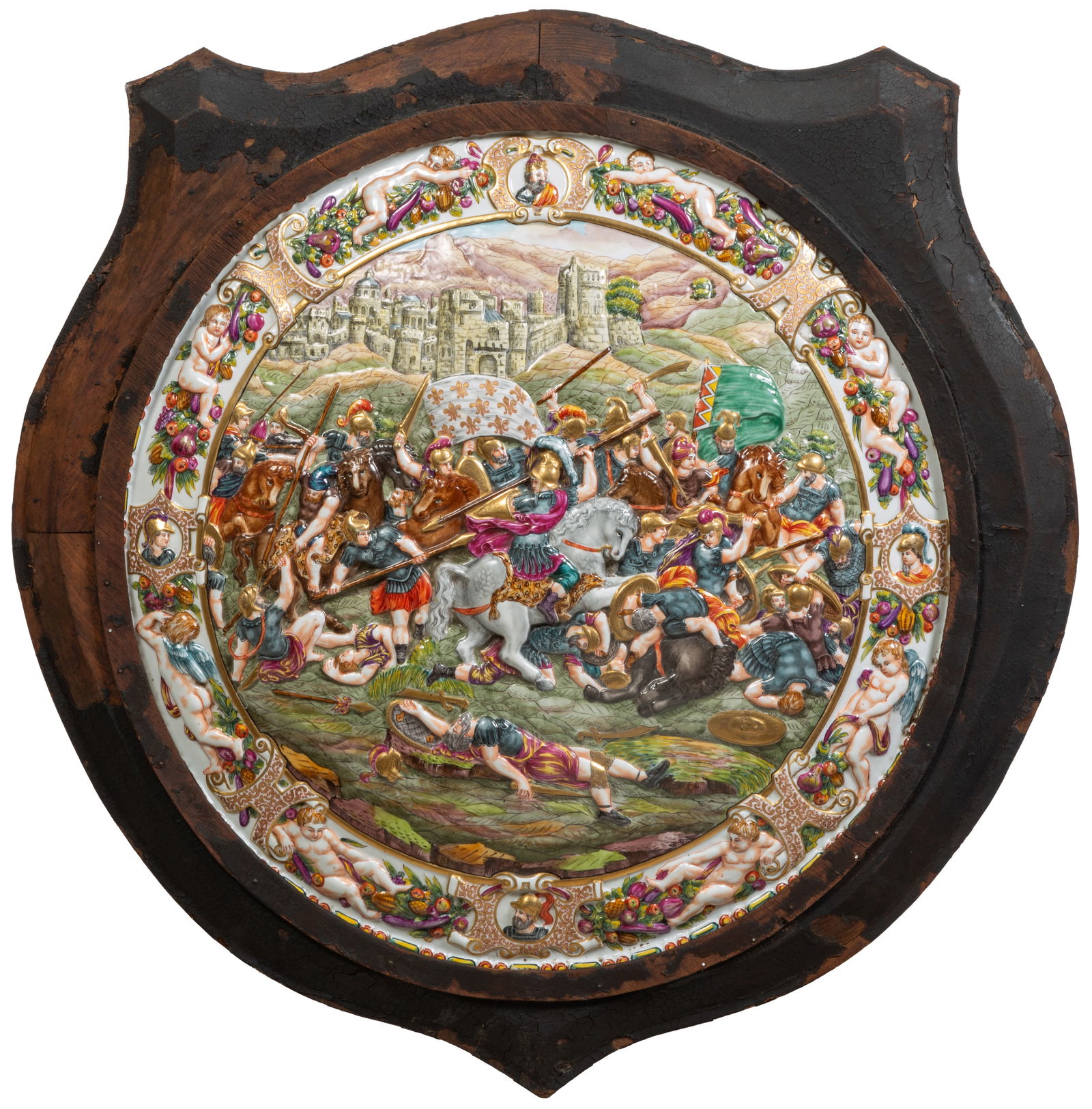 Large Capodimonte Charger, 20th c., Dia.- 21 in., Framed- Dia.- 28 in. (1 of 2)