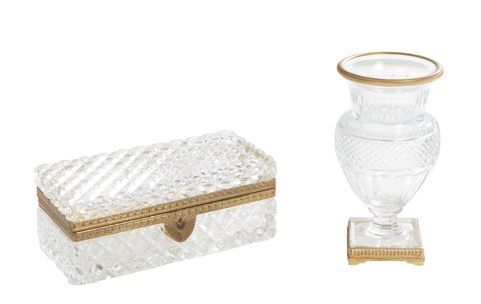 Two Cut Crystal and Bronze Pieces, late 19th c., Vase- H.- 7 3/4 in., Dia.- 4 1/4 in.; Box- H.- 3 (1 of 4)
