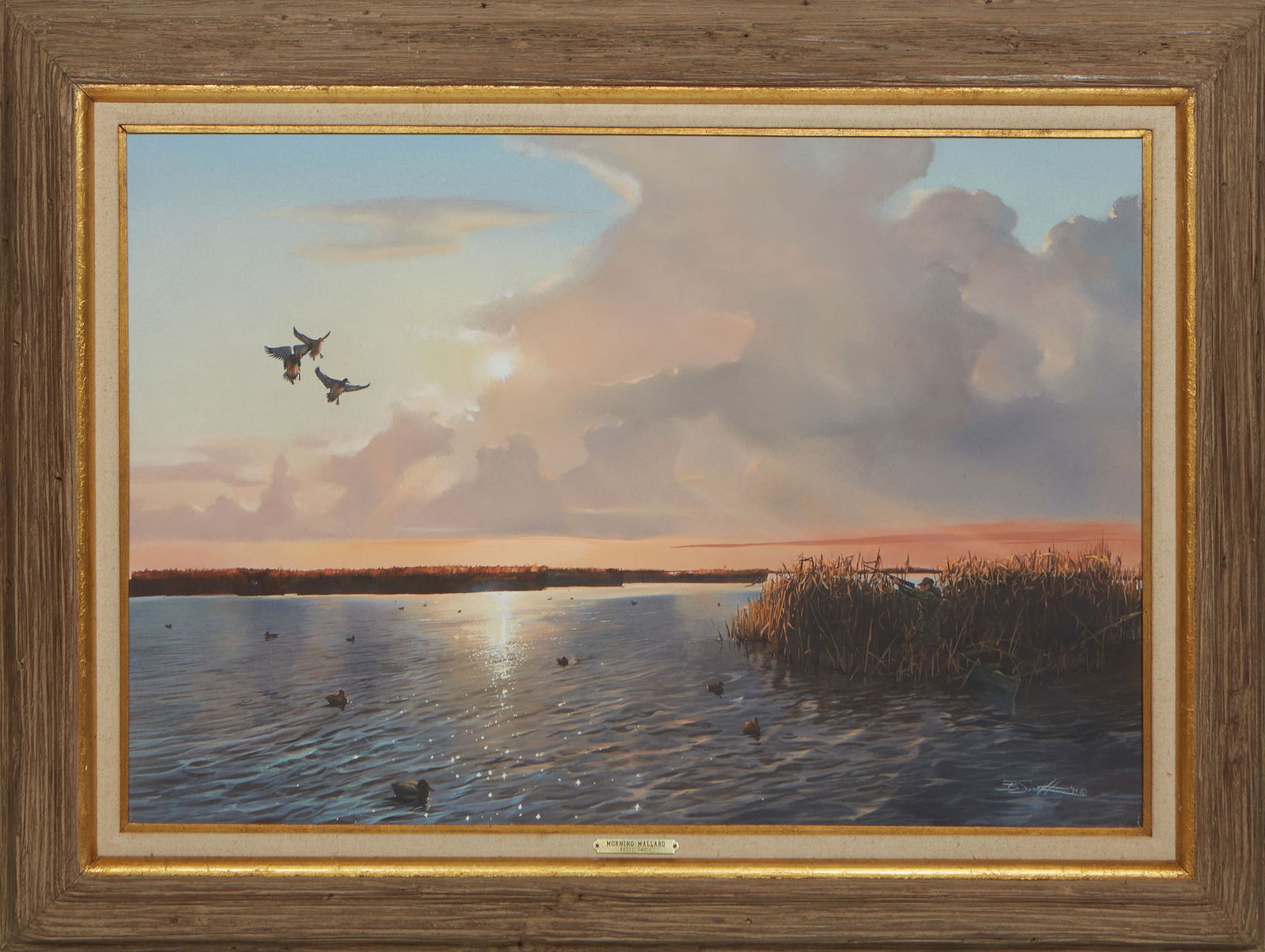 Brett James Smith (American/Louisiana, b. 1958), "Morning Mallard," 1984, H.- 20 in., W.- 30 in.,: Brett James Smith (American/Louisiana, b. 1958), "Morning Mallard," 1984, oil on canvas laid down on board, signed and dated lower right, titled on brass artist plaque and on frame backing, H.- 20 in.