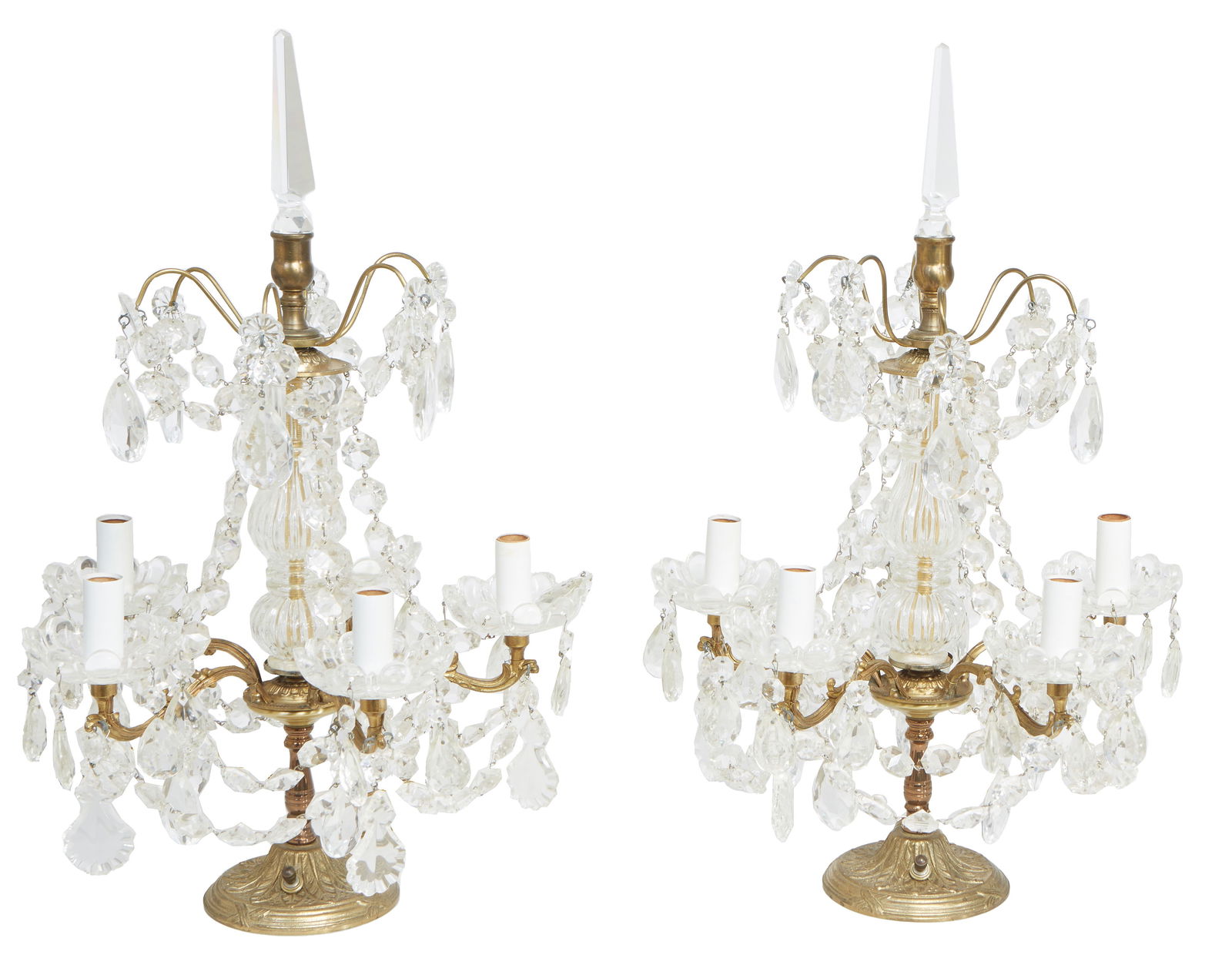 Pair of Brass and Crystal Five Light Girandoles, early 20th c., H.- 21 1/4 in., Dia.- 13 1/4 in. (2 (1 of 1)