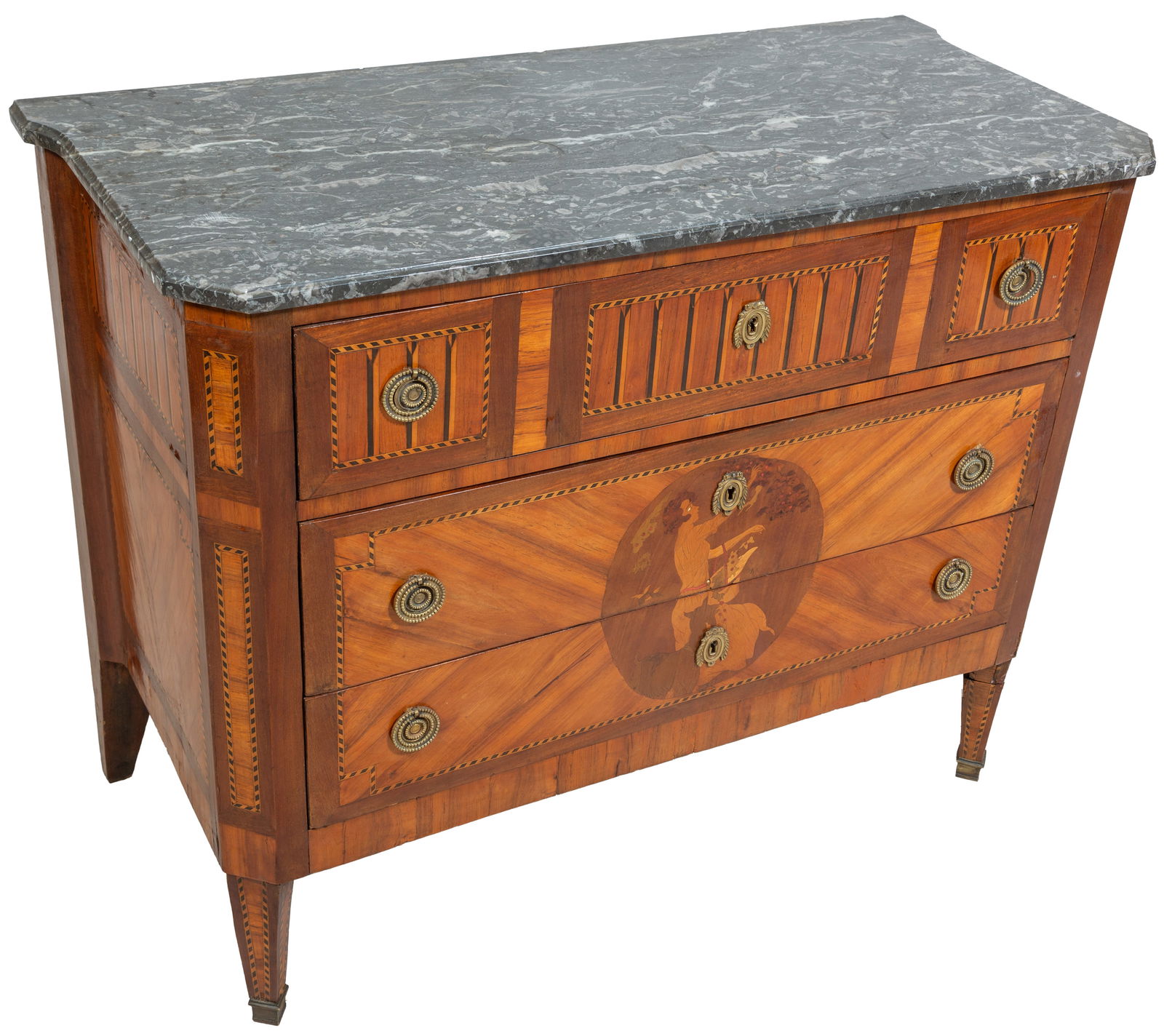 French Louis XVI Style Carved Marquetry and Parquetry Inlaid Walnut Marble Top Commode, early 20th (1 of 1)