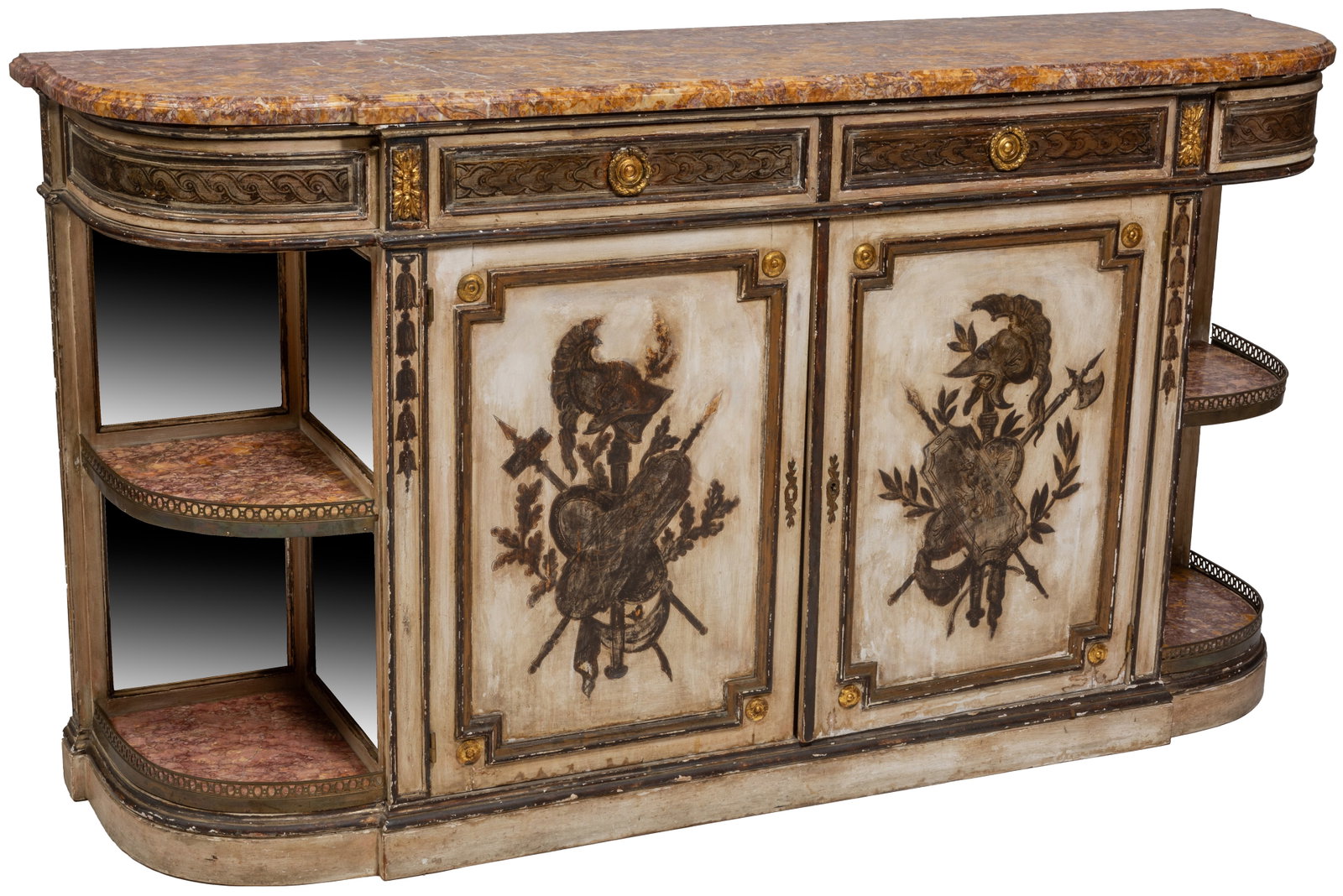 French Style Polychromed Mahogany Breakfront Marble Top Sideboard, 20th c., H.- 40 1/4 in., W.- 74: French Style Polychromed Mahogany Breakfront Marble Top Sideboard, 20th c., the ogee edge highly figured ocher and violette marble, over two setback frieze drawers, above polychromed cupboard doors wi