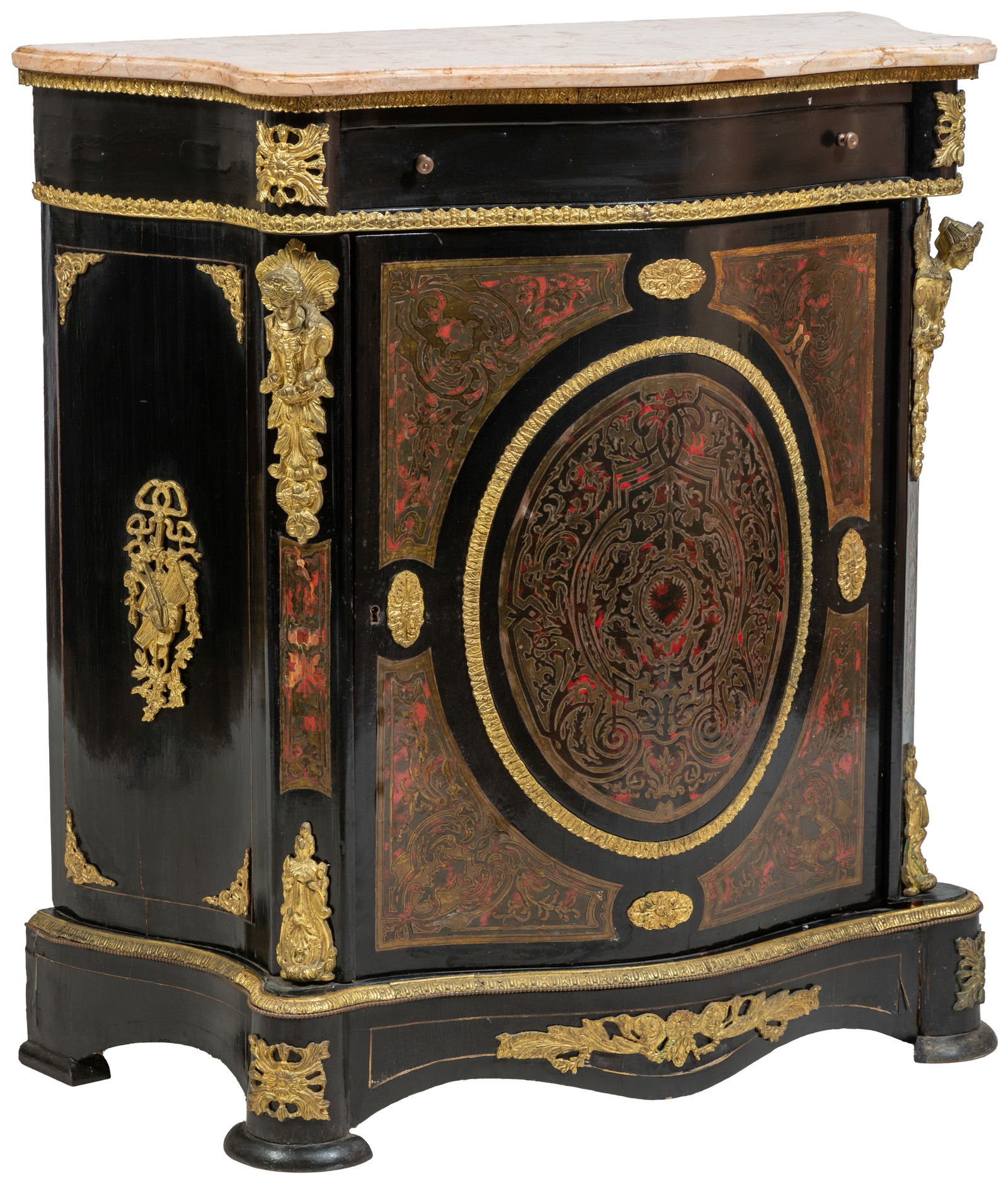 French Style Ormolu Mounted Ebonized Mahogany Bombe Boulle Marble Top Parlor Cabinet, 20th c., H.- (1 of 1)