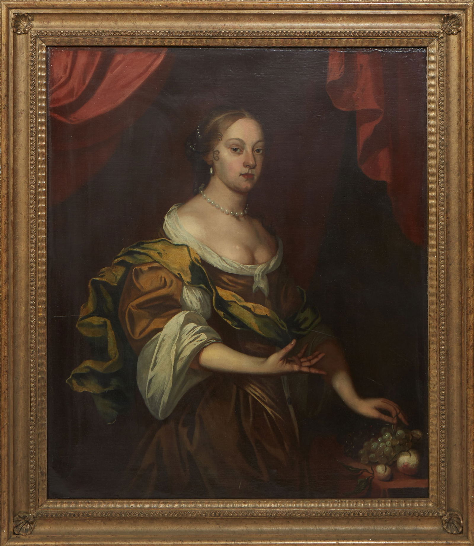 Continental School, "Portrait of a Woman with Fruit," late 17th c., H.- 42 in., W.- 35 1/2 in.,: Continental School, "Portrait of a Woman with Fruit," late 17th c., oil on linen, unsigned, presented in a giltwood frame, H.- 42 in., W.- 35 1/2 in., Framed- H.- 50 3/4 in., W.- 44 1/4 in.