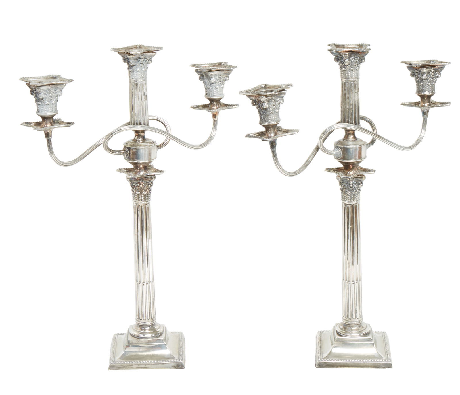Pair of Silver Plated Three Light Candelabra, 20th c., H.- 18 1/2 in., W.- 13 1/8 in. D.- 4 3/8 in. (1 of 2)