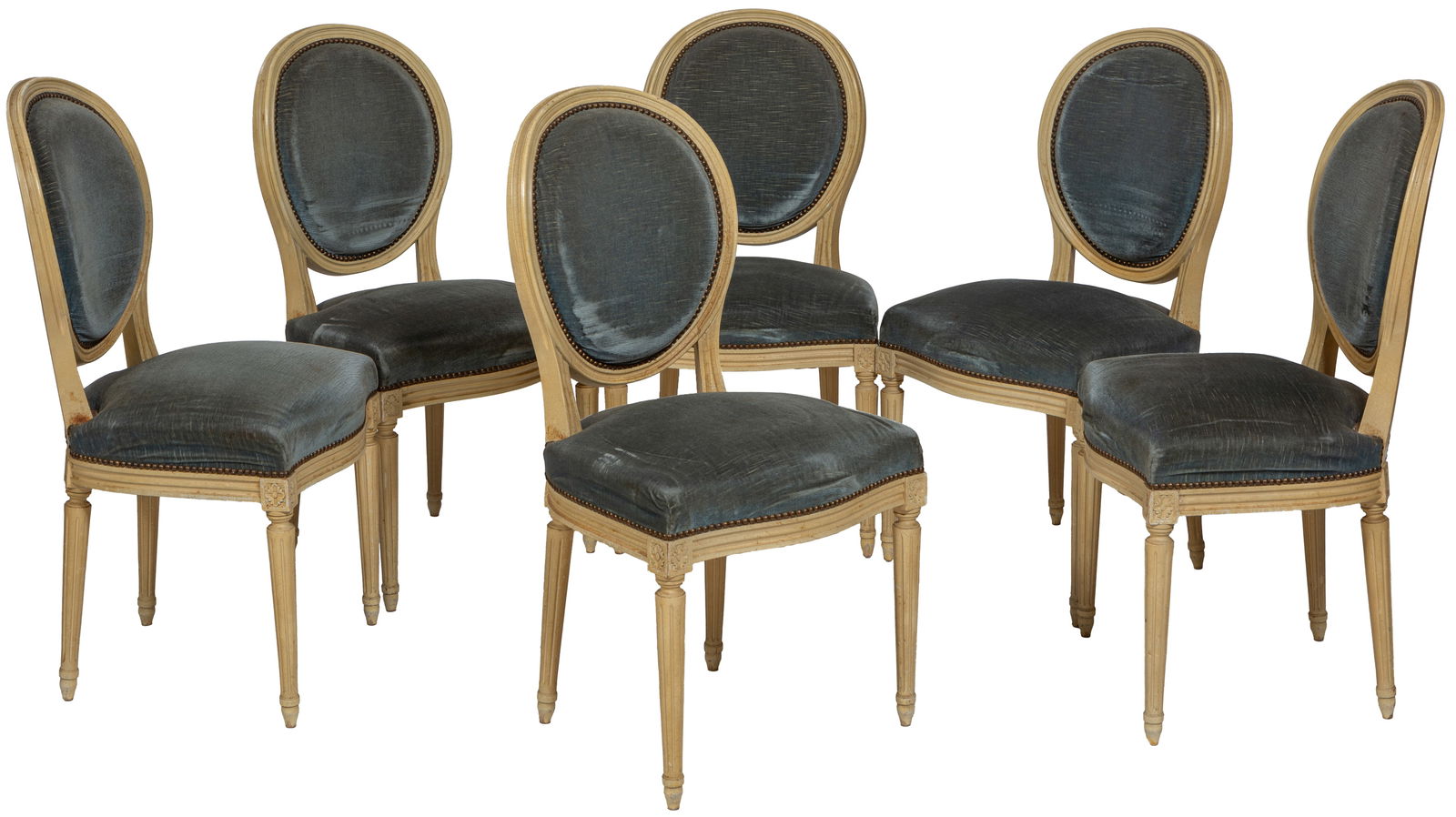 Set of Six French Louis XVI Style Polychromed Beech Dining Chairs, 20th c., H.- 37 in., W.- 19 in., (1 of 2)
