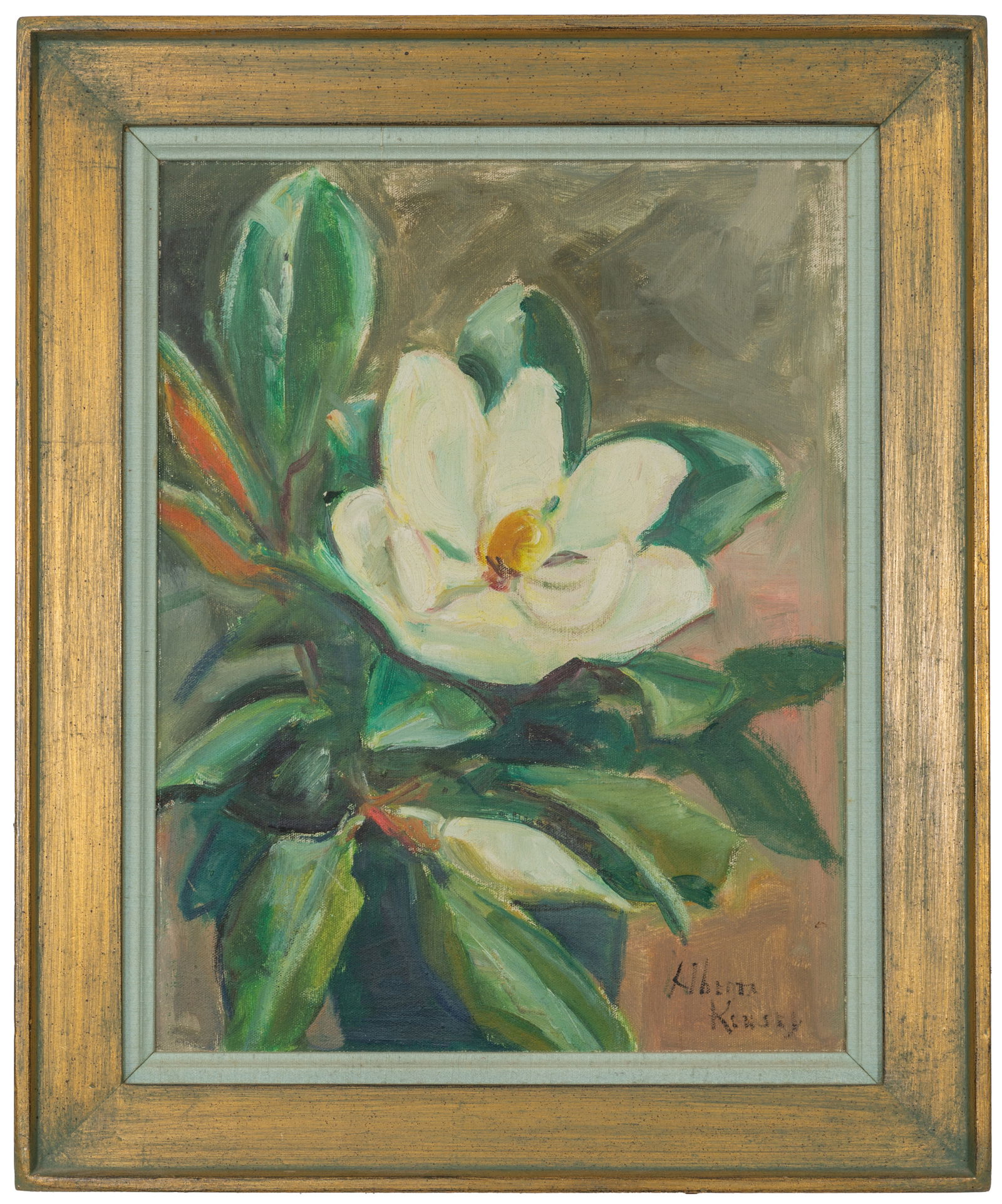 Alberta Kinsey (American/New Orleans, 1875-1952), "Magnolia Flowers," 20th c., H.- 17 3/8 in., W.-: Alberta Kinsey (American/New Orleans, 1875-1952), "Magnolia Flowers," 20th c., oil on board, signed lower right, presented in a stepped gilt frame with a blue linen mat, H.- 17 3/8 in., W.- 13 3/8 in.
