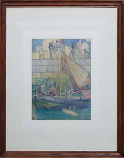 Ellsworth Woodward (American/Louisiana, 1861-1939), "Sloops Docked for Regatta," H.- 15 1/2 in., W.-: Ellsworth Woodward (American/Louisiana, 1861-1939), "Sloops Docked for Regatta," watercolor on paper, signed lower right, presented in a wood frame, H.- 15 1/2 in., W.- 11 1/4 in., Framed- H.- 30 in.,