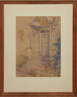 Ellsworth Woodward (American/Louisiana, 1861-1939), "Front Door Entry," H.- 19 in., W.- 14 in.,: Ellsworth Woodward (American/Louisiana, 1861-1939), "Front Door Entry," watercolor on paper, monogrammed lower right, presented in a wood frame, H.- 19 in., W.- 14 in., Framed- H.- 30 in., W.- 24 in.