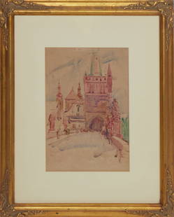 Ellsworth Woodward (American, 1861-1939), "Prague," 1926, H.- 13 in., W.- 9 in., Framed- H.- 23 in.,: Ellsworth Woodward (American, 1861-1939), "Prague," 1926, watercolor on paper, initialed "E. W.," titled "Prague" and dated "Aug. 1 1926" lower left, presented in a gilt and gesso frame, H.- 13 in., W