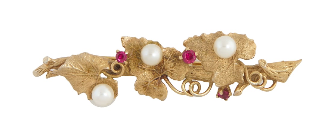 14K Yellow Gold Pearl and Ruby Brooch, 20th c., H.- 1/2 in., W.- 2 1/4 in. (1 of 4)