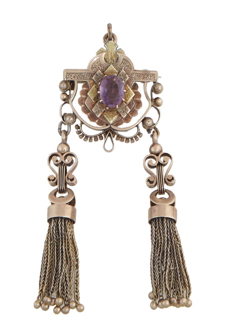 14K Yellow Gold and Amethyst Victorian Tassel Brooch, 19th c., H.- 3 in., W.- 1 in. (1 of 4)