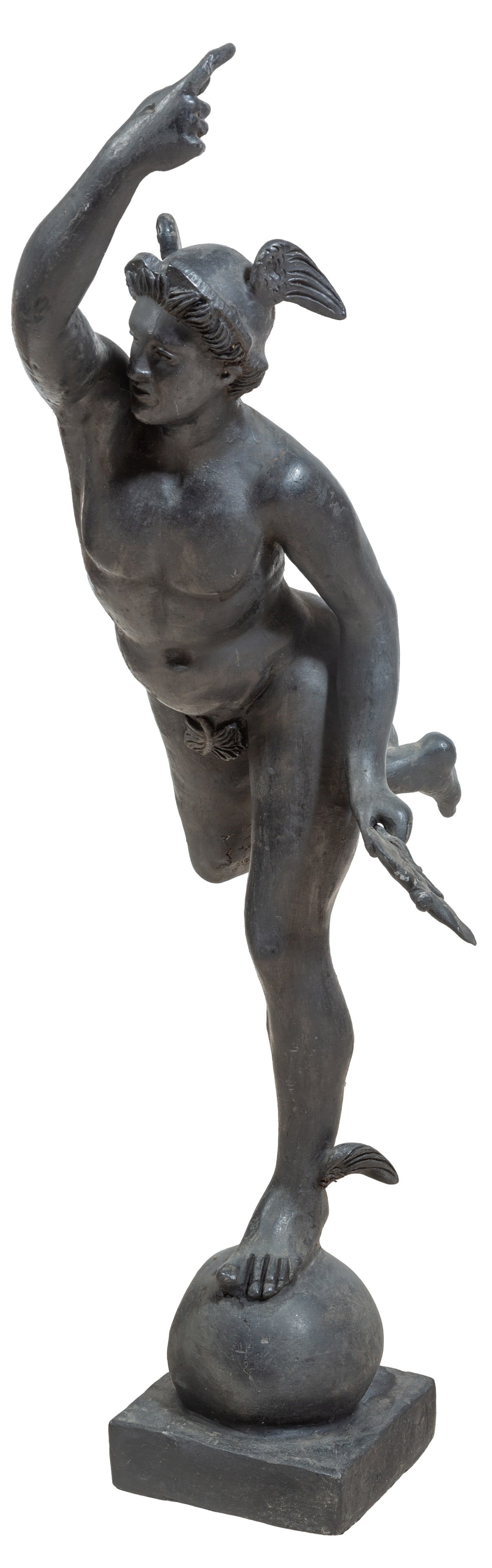 Cast Lead Garden Figure of Mercury, early 20th c., H.- 43 1/2 in., W.- 13 in., D.- 28 in.: Cast Lead Garden Figure of Mercury, early 20th c., the nude figure of Mercury standing on a sphere, with winged feet and head, on a square plinth base, H.- 43 1/2 in., W.- 13 in., D.- 28 in. Provenanc