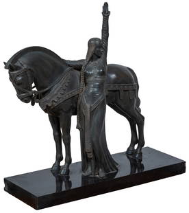 Max Le Verrier (France, 1891-1976), "Deco Woman with Horse," 20th c., Figure- H.-18 1/2 in., W.- 19: Max Le Verrier (France, 1891-1976), "Deco Woman with Horse," 20th c., patinated bronze on a black marble plinth, Figure- H.-18 1/2 in., W.- 19 1/2 in., D.- 6 1/2 in., Plinth- H- 1 1/2 in., W. 19 3/4 i