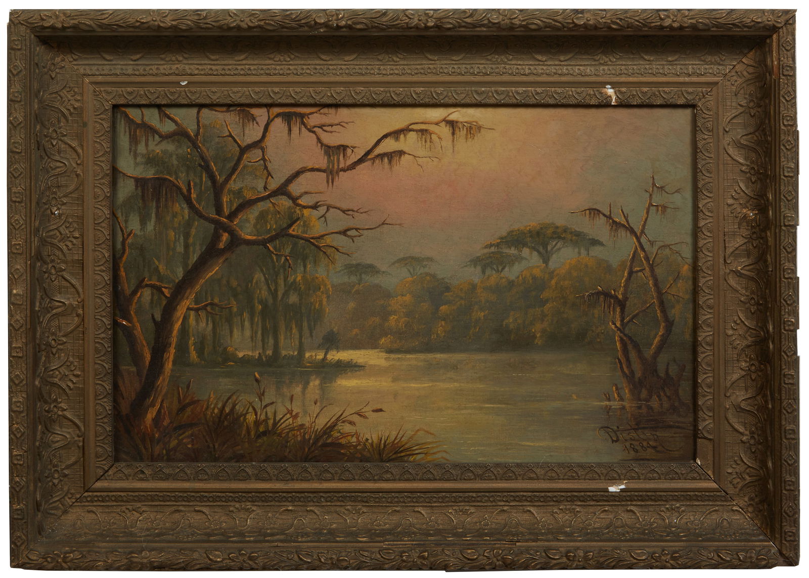 Southern School, "Louisiana Swamp Scene," 1884, H.- 10 in., W.- 16 in., Framed- H.- 14 3/4 in., W.- (1 of 4)