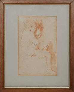 Attributed to Ellsworth Woodward (American/Louisiana, 1861-1939), "Study of a Seated Boy," H.- 10: Attributed to Ellsworth Woodward (American/Louisiana, 1861-1939), "Study of a Seated Boy," sanguine ink and ink wash on paper, unsigned, presented in a wood frame, H.- 10 in., W.- 6 1/4 in., Framed- H