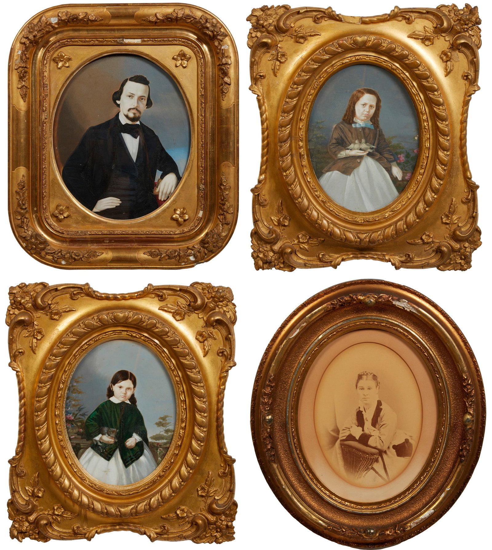 Southern School, "Four Family Portraits, Possibly the James Howard Family," ca. 1870, Smallest- H.-: Southern School, "Four Family Portraits, Possibly the James Howard Family," ca. 1870, consisting of three oil painted photographs of the father and two daughters on card, each with "F. Law's Photograp