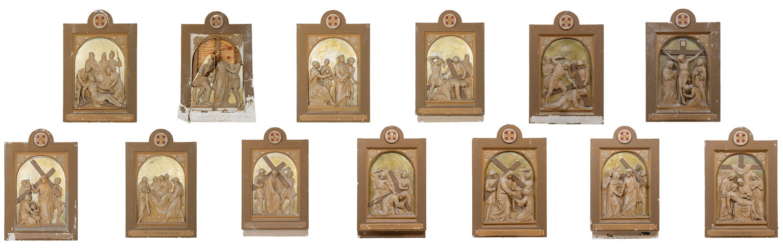 Twelve Stations of the Cross Wall Plaques, ca. 1930-1940, H.- 50 1/2 in., W.- 33 3/8 in., D.- 3: Twelve Stations of the Cross Wall Plaques, ca. 1930-1940, polychrome molded plaster arches centering figural reliefs, H.- 50 1/2 in., W.- 33 3/8 in., D.- 3 7/8 in. (12 Pcs.) Provenance: Our Lady of Go