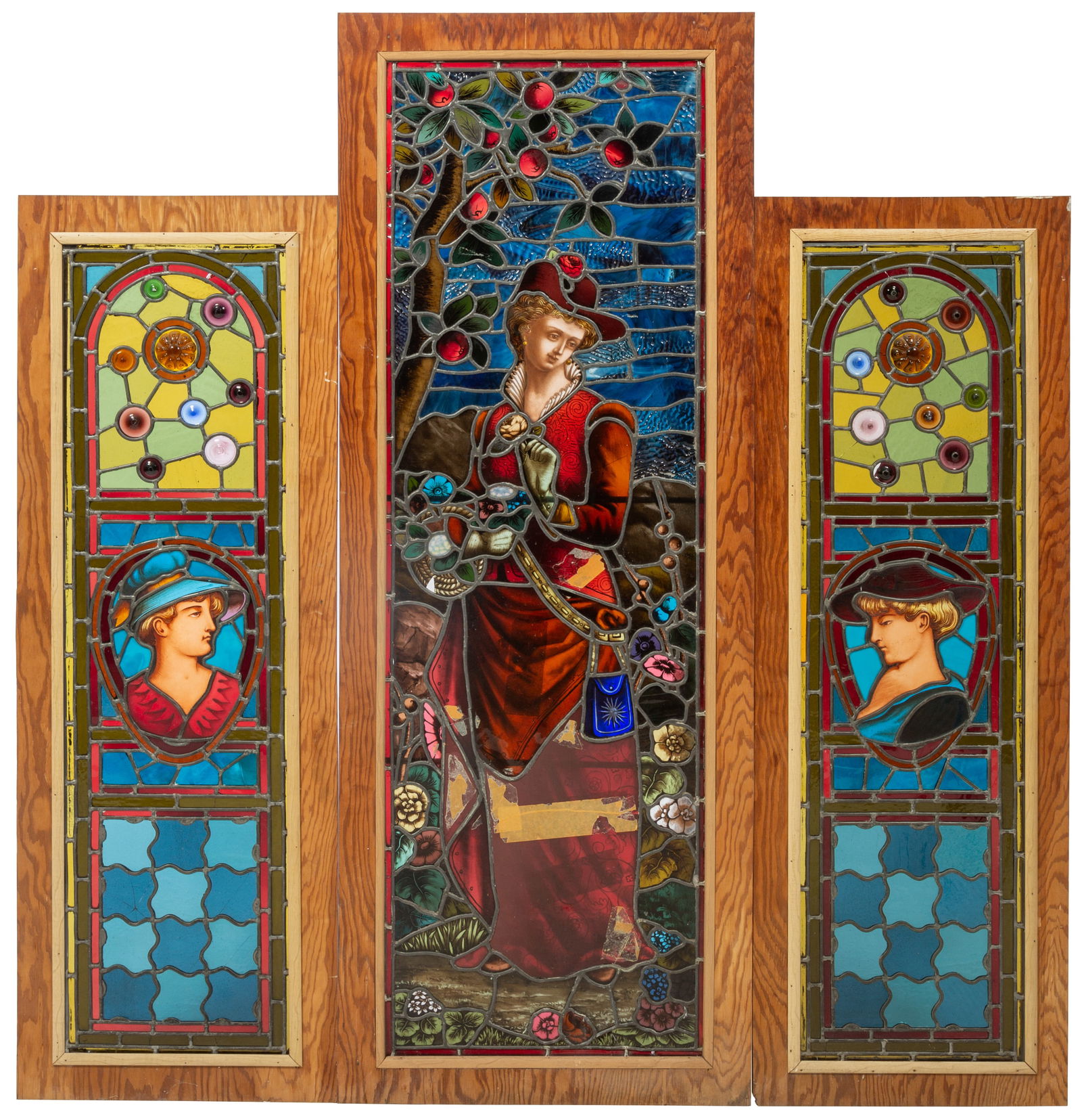 Antique Leaded Stained Glass Triptych, H.- Central Panel- 62 1/4 in., Side Panels- 32 1/4 in., W.- (1 of 1)