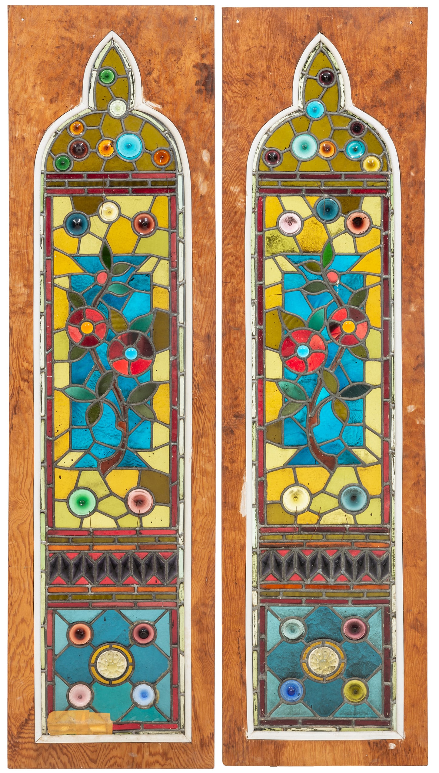 Pair of Antique American Leaded Stained Glass Windows, c. 1880, Window- H.- 59 in., W.- 12 in., (1 of 3)
