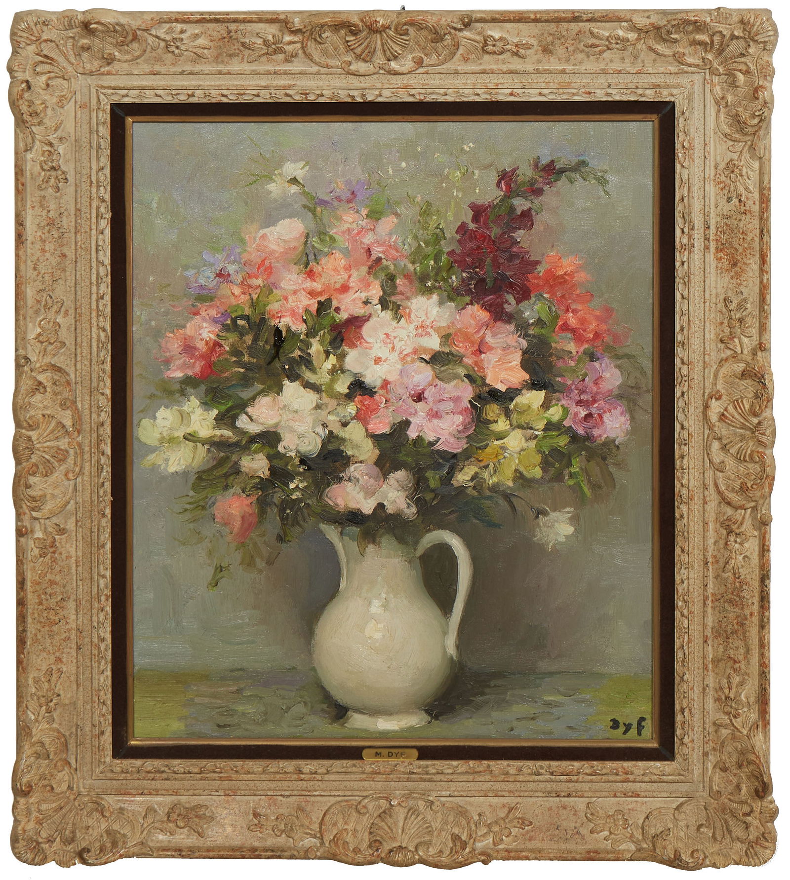 Marcel Dyf (French, 1899-1985), "Still Life with Vase of Flowers," 20th c., H.- 21 /4 in., W.- 18: Marcel Dyf (French, 1899-1985), "Still Life with Vase of Flowers," 20th c., oil on canvas, signed lower right, presented in a wood frame, titled on F.R. registration label on frame backing, H.- 21 /4