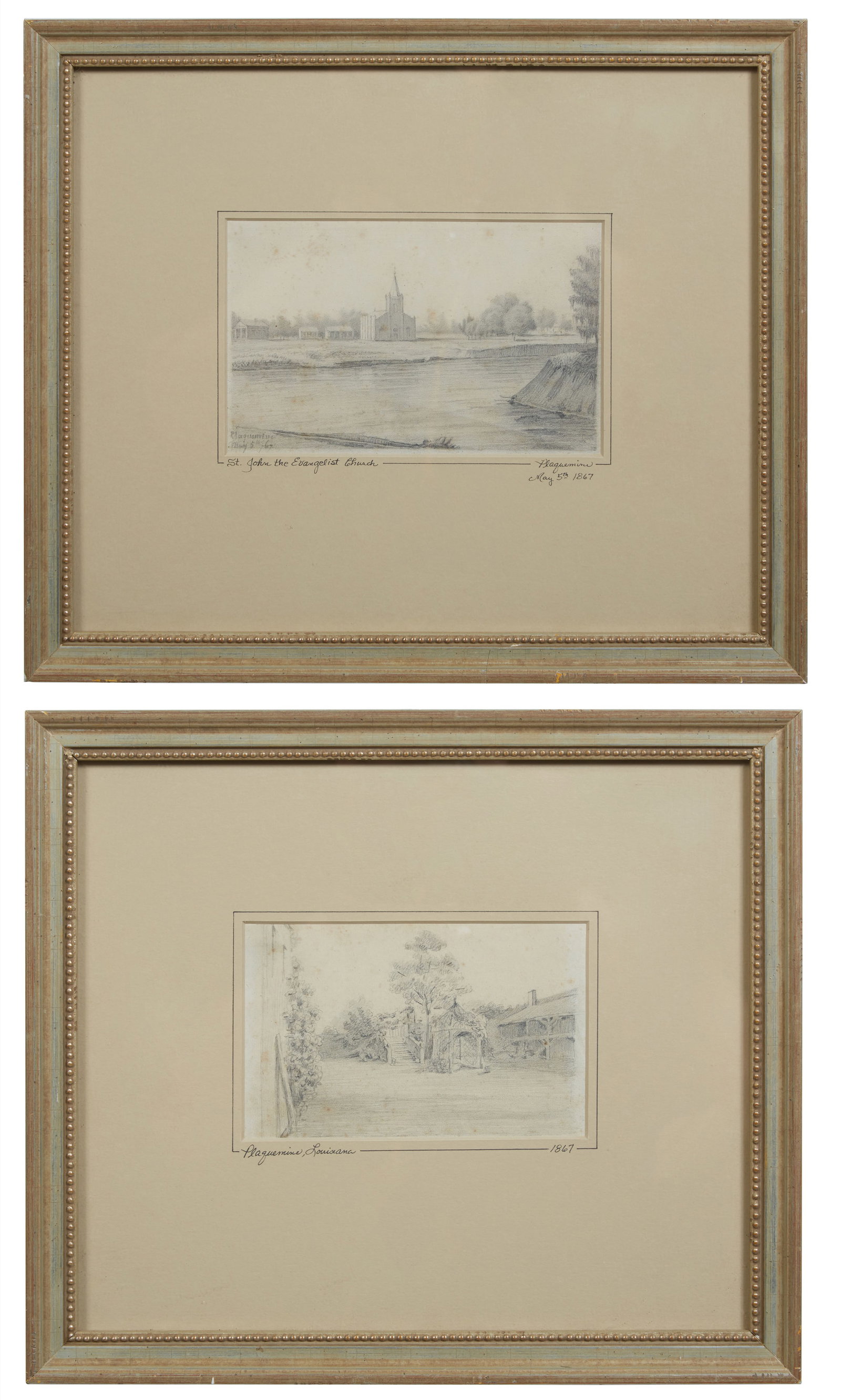 Louisiana School, Pair of Plaquemine, Louisiana Drawings, 1867, Church- H.- 4 1/2 in., W.- 6 3/4: Louisiana School, Pair of Plaquemine, Louisiana Drawings, 1867, including: "St. John the Evangelist Church" and "Outbuilding with a Gazebo," each pencil on paper, the Church titled lower margin, both 