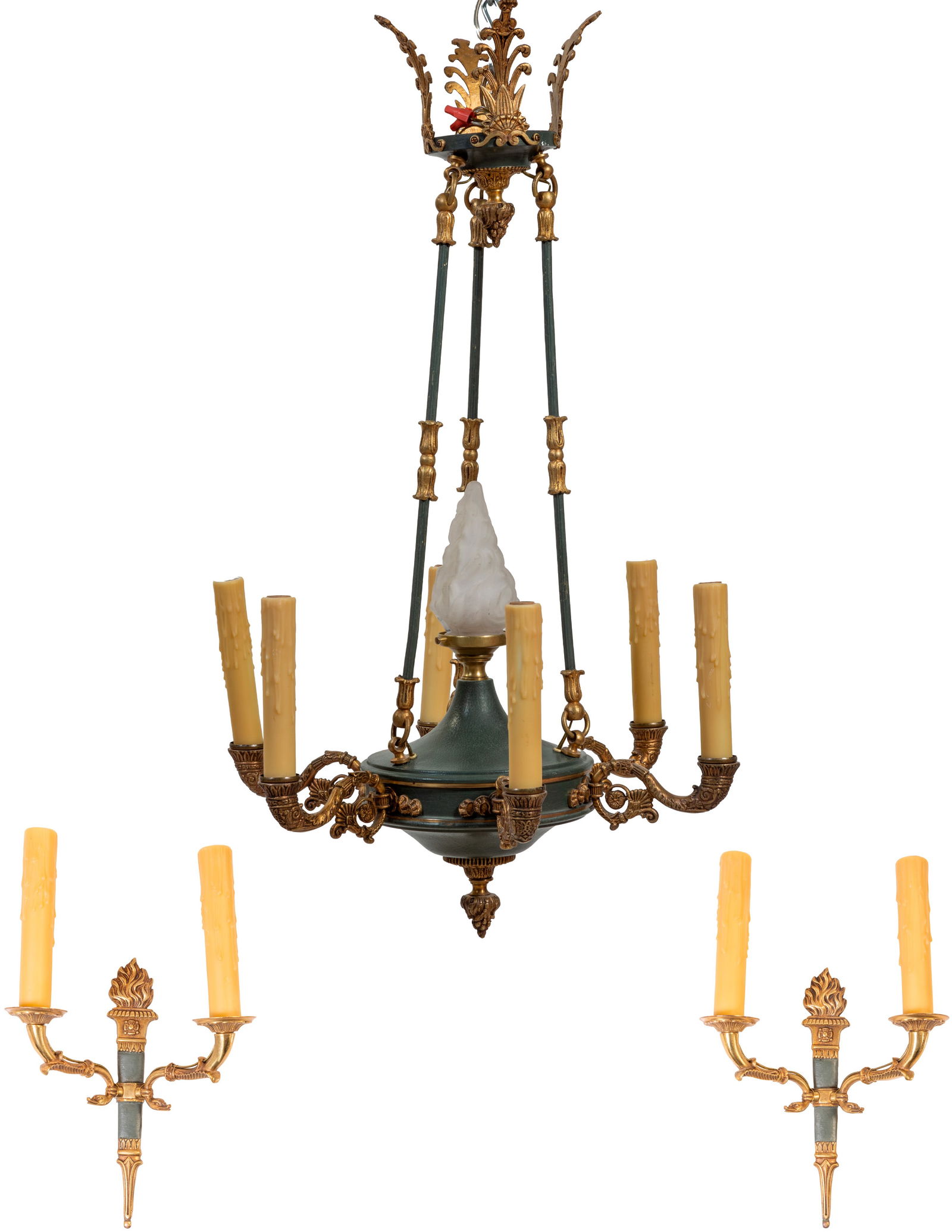 Empire Style Seven Light Chandelier, 20th c., Chandelier- H.- 29 1/2 in., Dia. 20 in., Sconces- H.- (1 of 4)