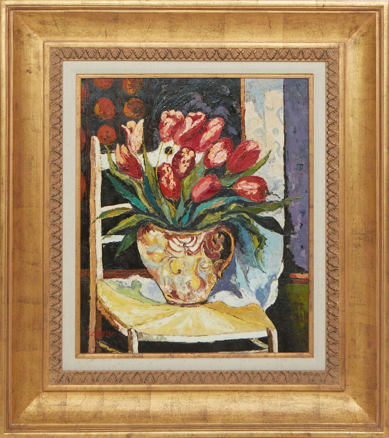 John Calvin (American, 20th/21st c.), "Still Life with Vase of Tulips on Chair," H.- 24 in., W.- 20 (1 of 10)