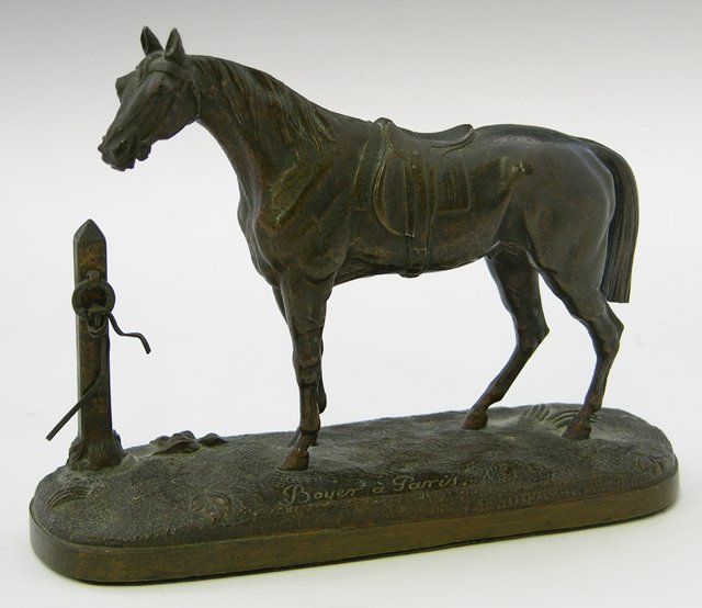 Boyer, poss. Emile Boyer, "Saddled Horse at the Hit: Boyer, poss. Emile Boyer, "Saddled Horse at the Hitching Post," early 20th c., signed center "Boyer a Paris," H.- 4 1/2 in., W.- 5 3/4 in., D.- 2 1/16 in.