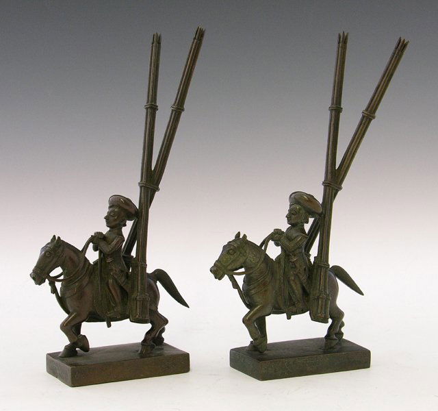 Pair of Unusual Bronze Place Card Holders, 19th c.,: Pair of Unusual Bronze Place Card Holders, 19th c., in the form of mounted Manchurian soldiers, with long guns on their backs, H.- 6 3/4 in., W.- 1 3/4 in., D.- 3 1/2 in.
